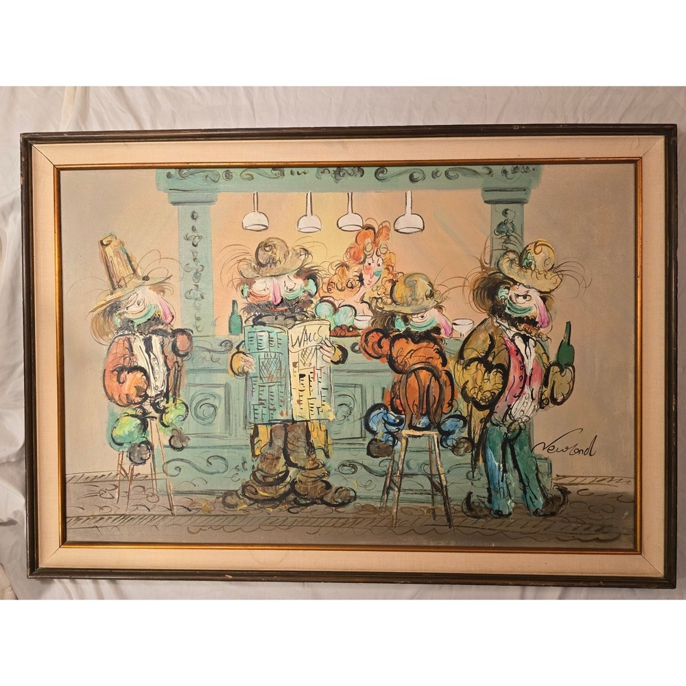 Vintage Newland Signed Oil Painting Mid Century Modern Whimsical Bar Scene Large